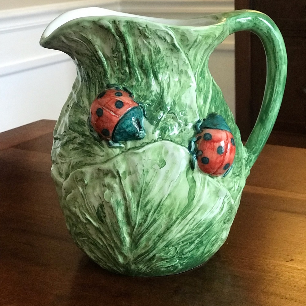 Valli Ceramiche of Italy Hand Painted Pitcher Ladybugs on Cabbage Leaves